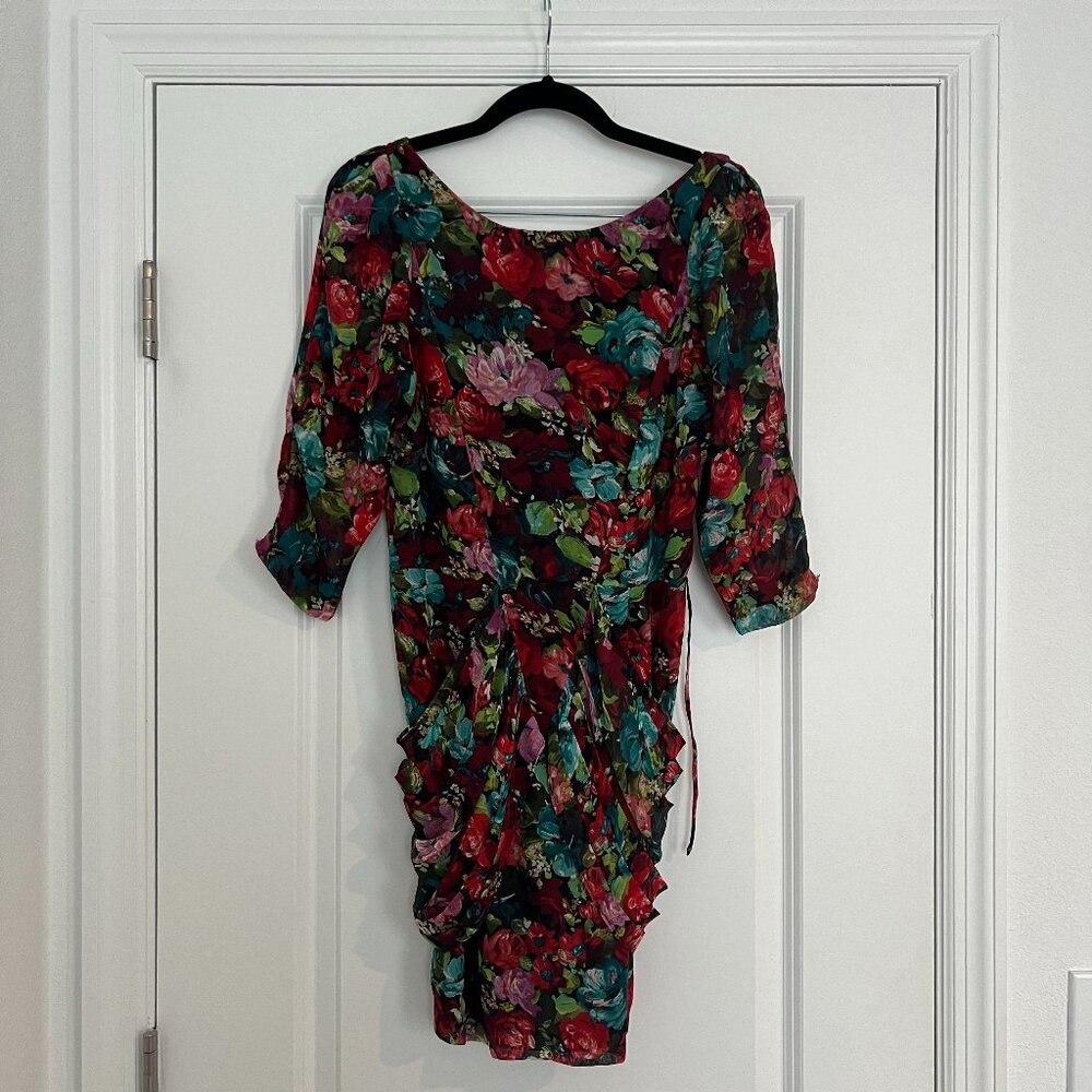 ARK & CO Flowered Midi Backless 3/4 Sleeve Ruched Pleats Business Power Dress S